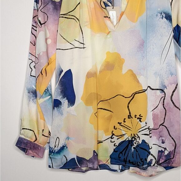 Tucker Long Sleeve Polo Blouse Watercolor Dream in Stretch Georgette Silk Floral - Picture 3 of 9